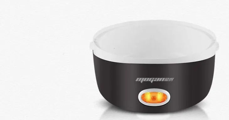 White rice cooker with stainless steel steaming basket, 2 litre capacity, 200w power rating