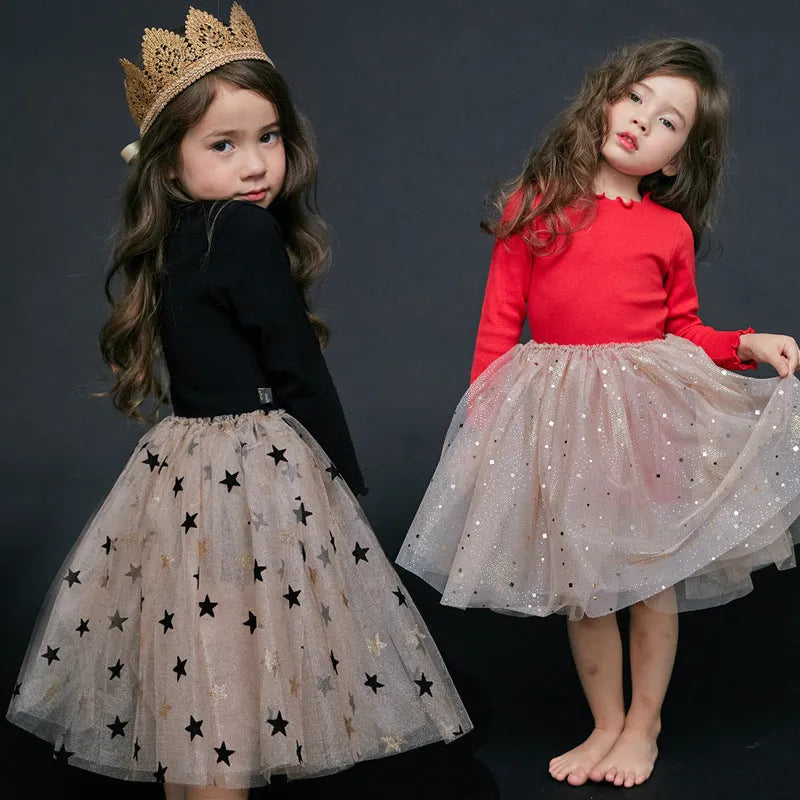 Children's red cotton Christmas princess dress with long sleeves, lace trim, and embroidered star details.