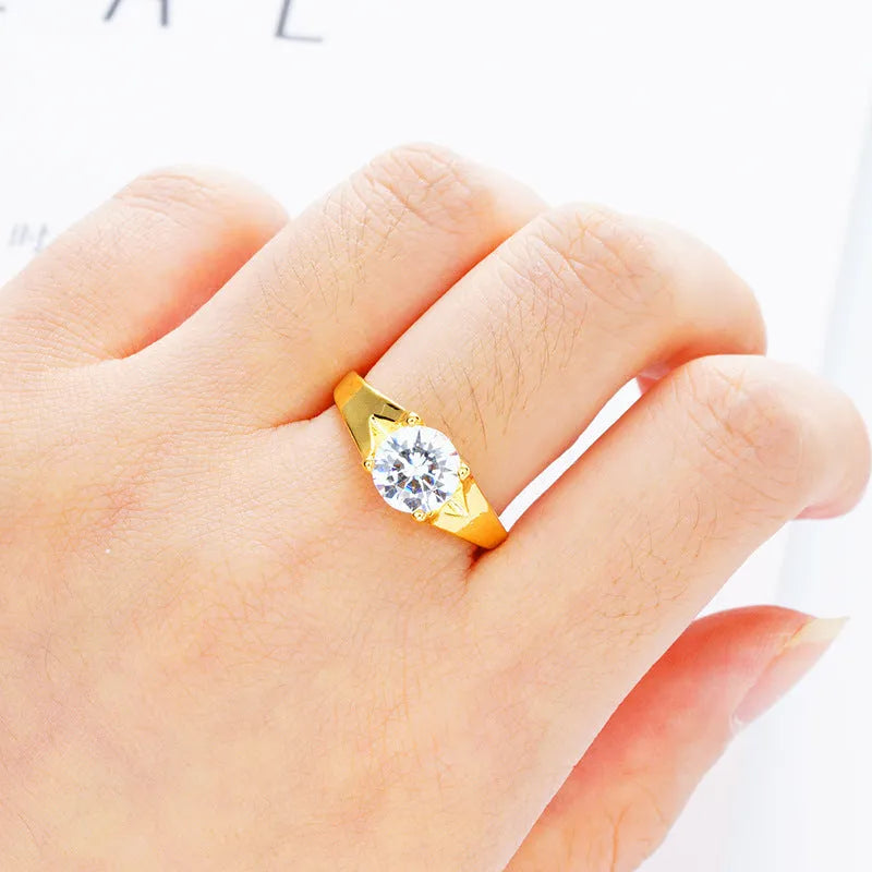 Adjustable copper ring with placer gold zircon accents shown in six colour options