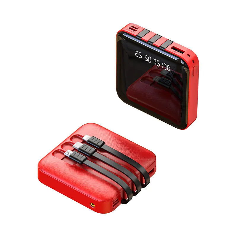 Mirror finish power bank with built-in cable in black or red colour, 80x80x23mm dimensions