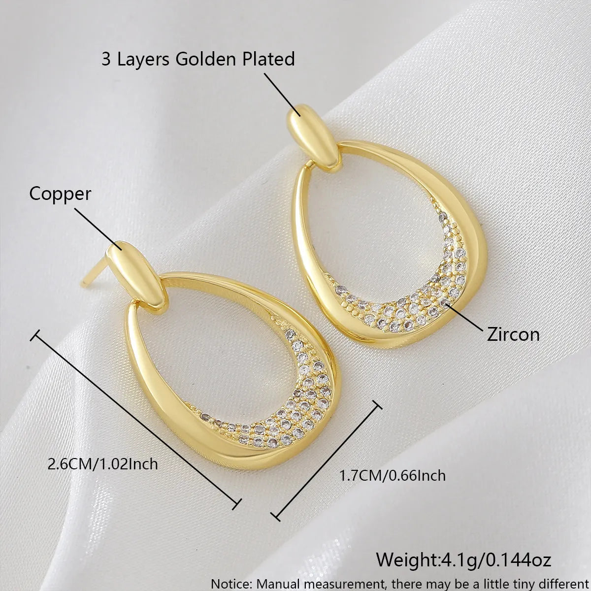 Women's yellow gold geometric drop earrings with 2.6cm length and round ring design elements