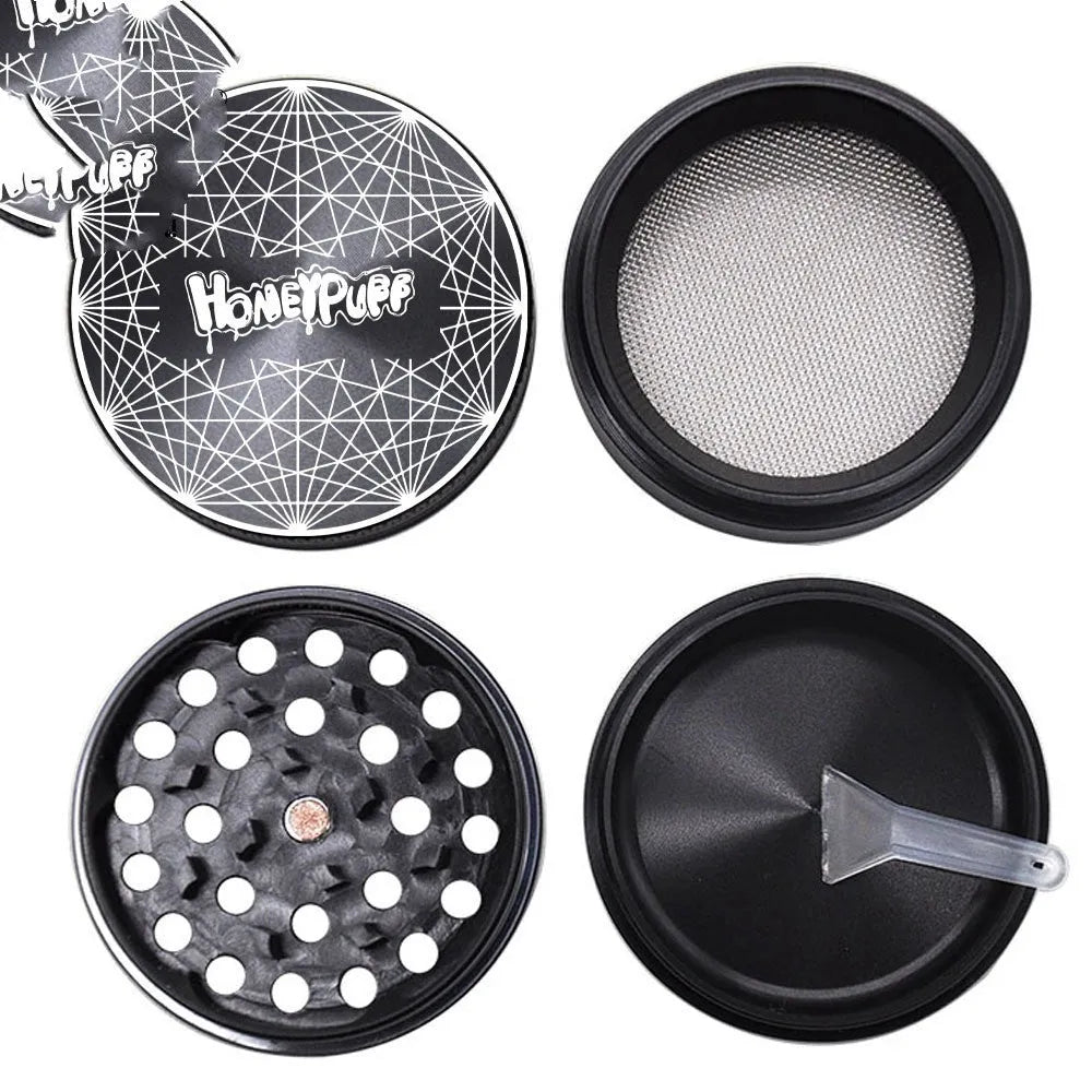Four-layer T6 CNC aluminum alloy grinder with keychain razor bottle opener USB charging light and cash check lamp in black