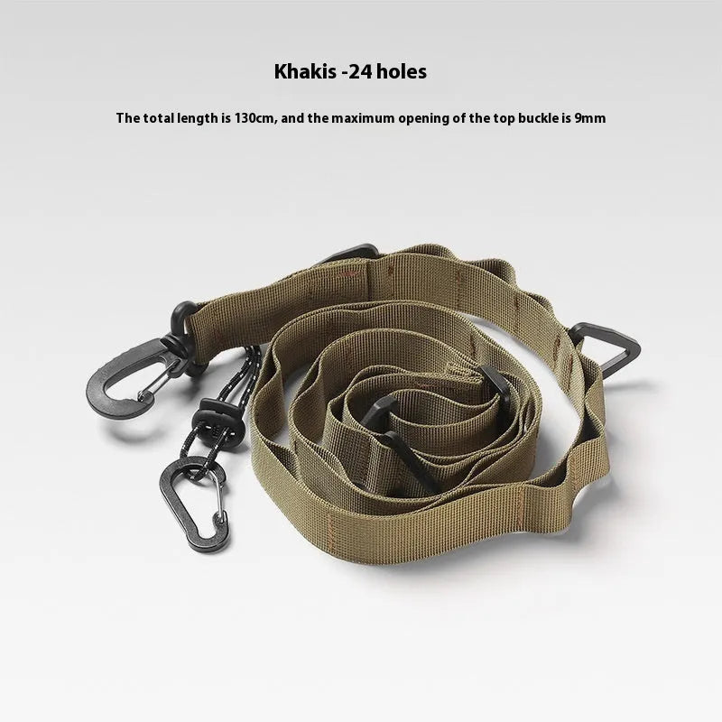 Black multifunctional hanging rope storage belt extended to show its 130 cm length