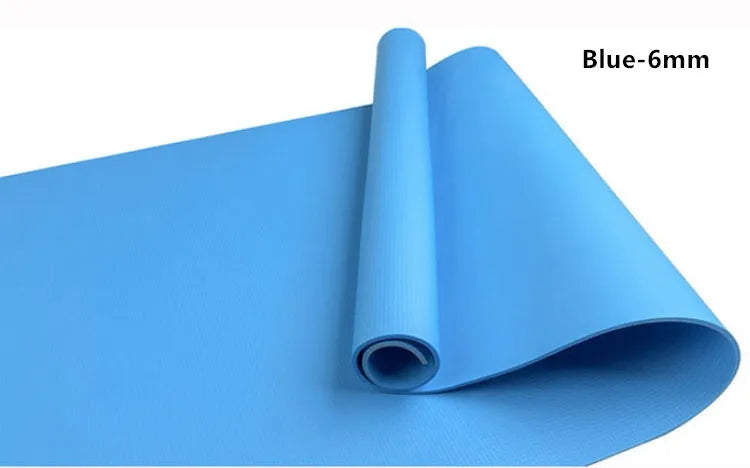 EVA yoga mat in blue colour showing 6mm thickness and textured anti-slip surface