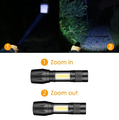 Black mini aluminium telescopic LED flashlight with clip shown extended and collapsed.