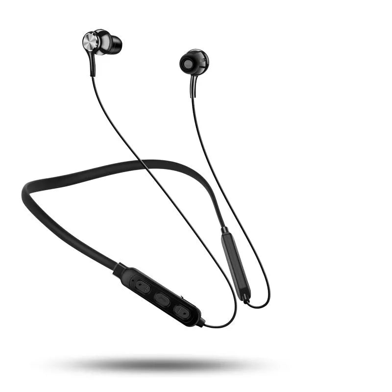 Black neckband sports Bluetooth earphones with earpieces, shown with USB charging cable.
