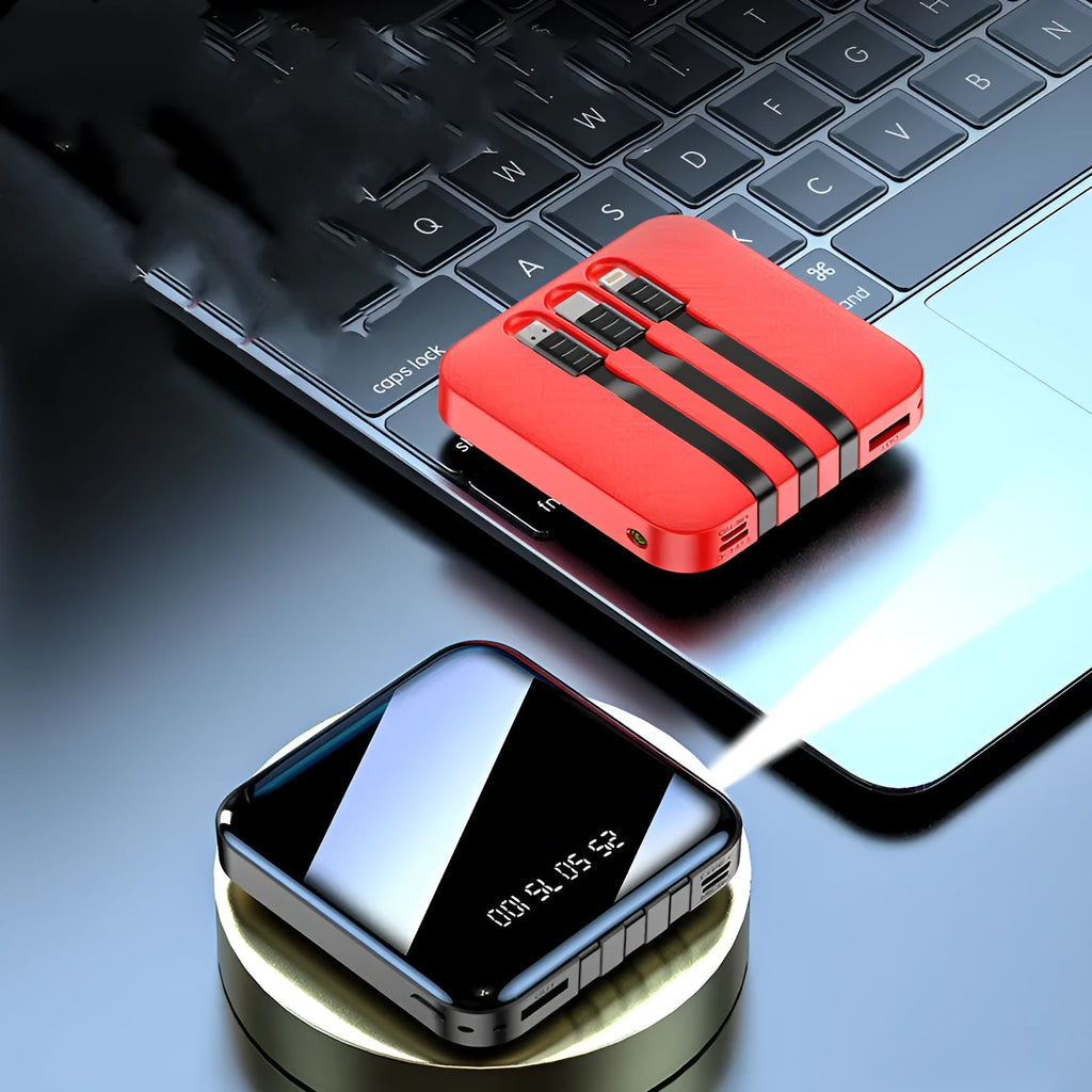 Mirror finish power bank with built-in cable in black or red colour, 80x80x23mm dimensions
