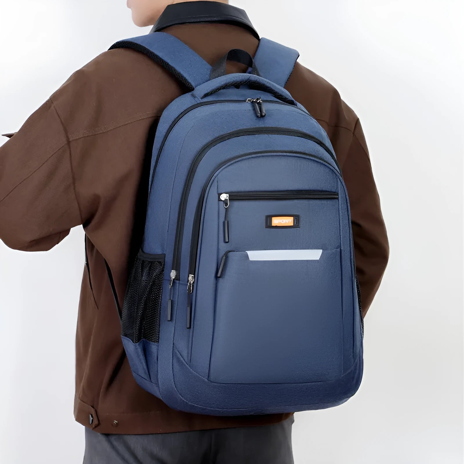 Casual men's Oxford cloth backpack in one of four colours: grey, black, green, or blue.
