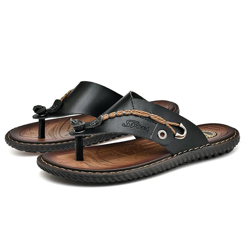 Men's casual slippers with PU leather upper in four colour options showing non-slip sole design