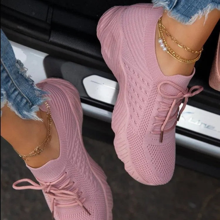 Women's white chunky sole sporty sneakers, also available in red, blue, black, khaki, grey, pink, and light blue.