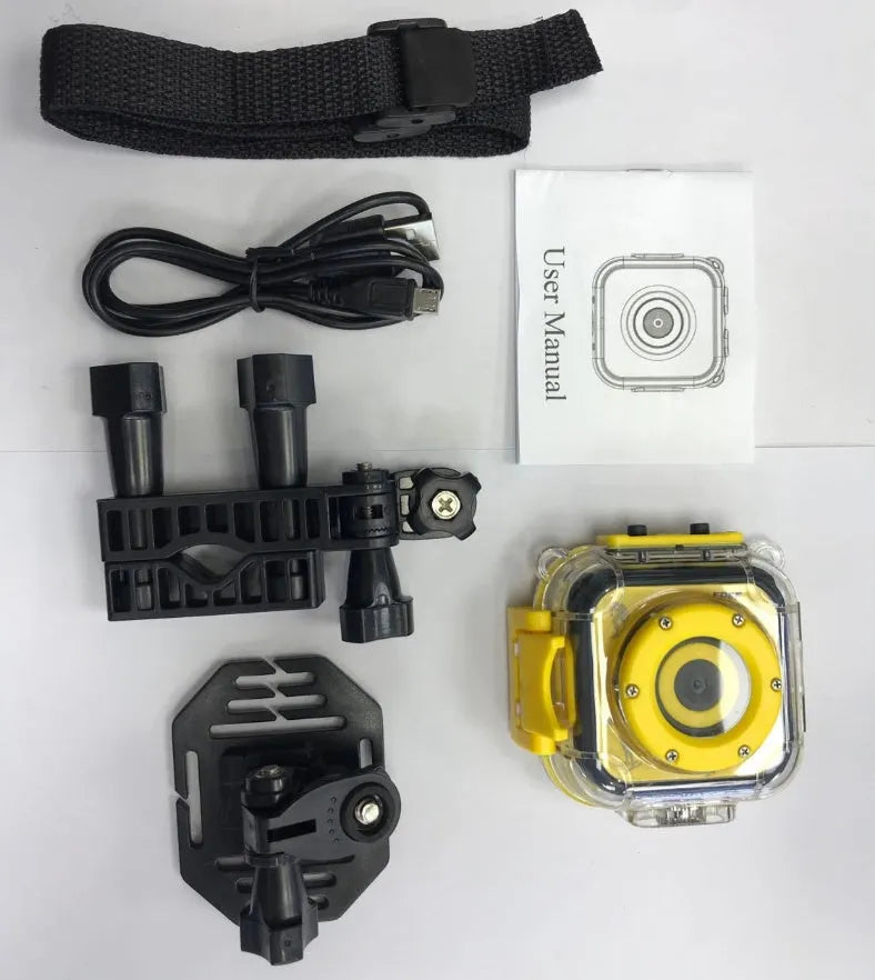 Yellow children's waterproof sports camera showing front with lens and 1.77-inch LCD screen