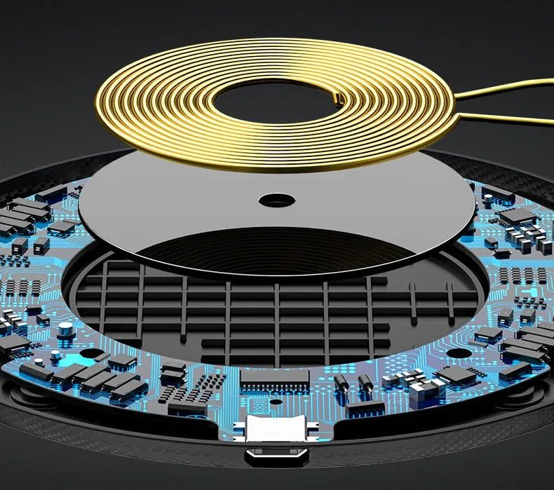 Glass disc wireless charger showing black and white colour options with charging indicator