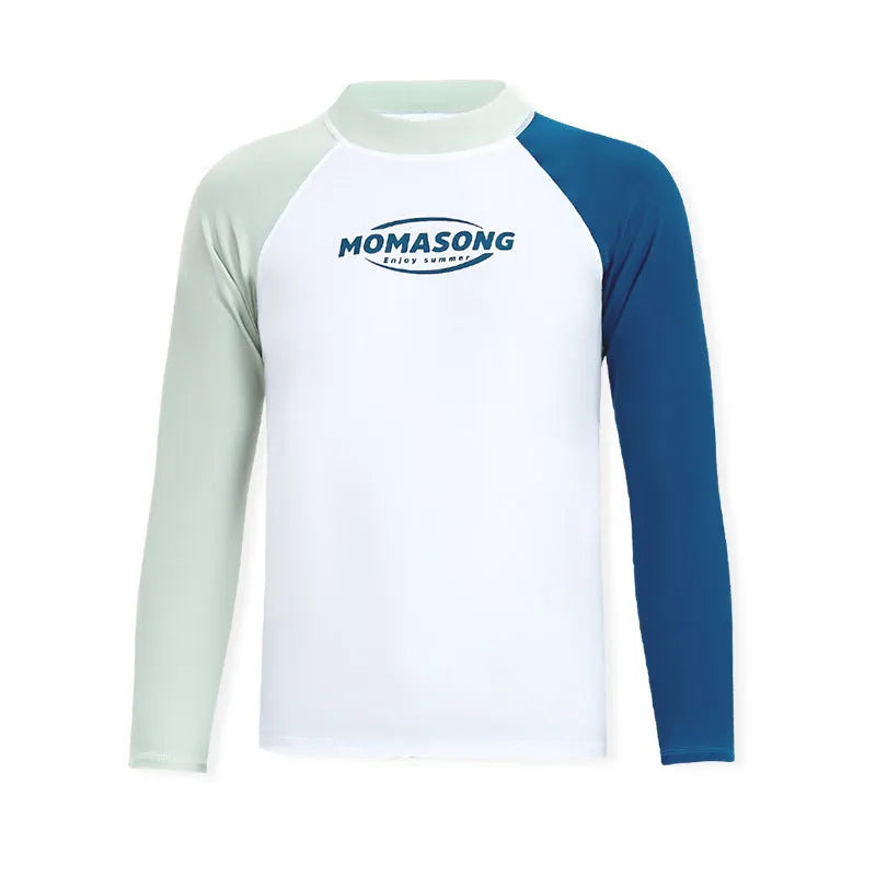 Men's white long-sleeved swim top and pants set for swimming and surfing.