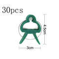 Green plastic and zinc plant support clips for climbing vegetables, showing large and small sizes.