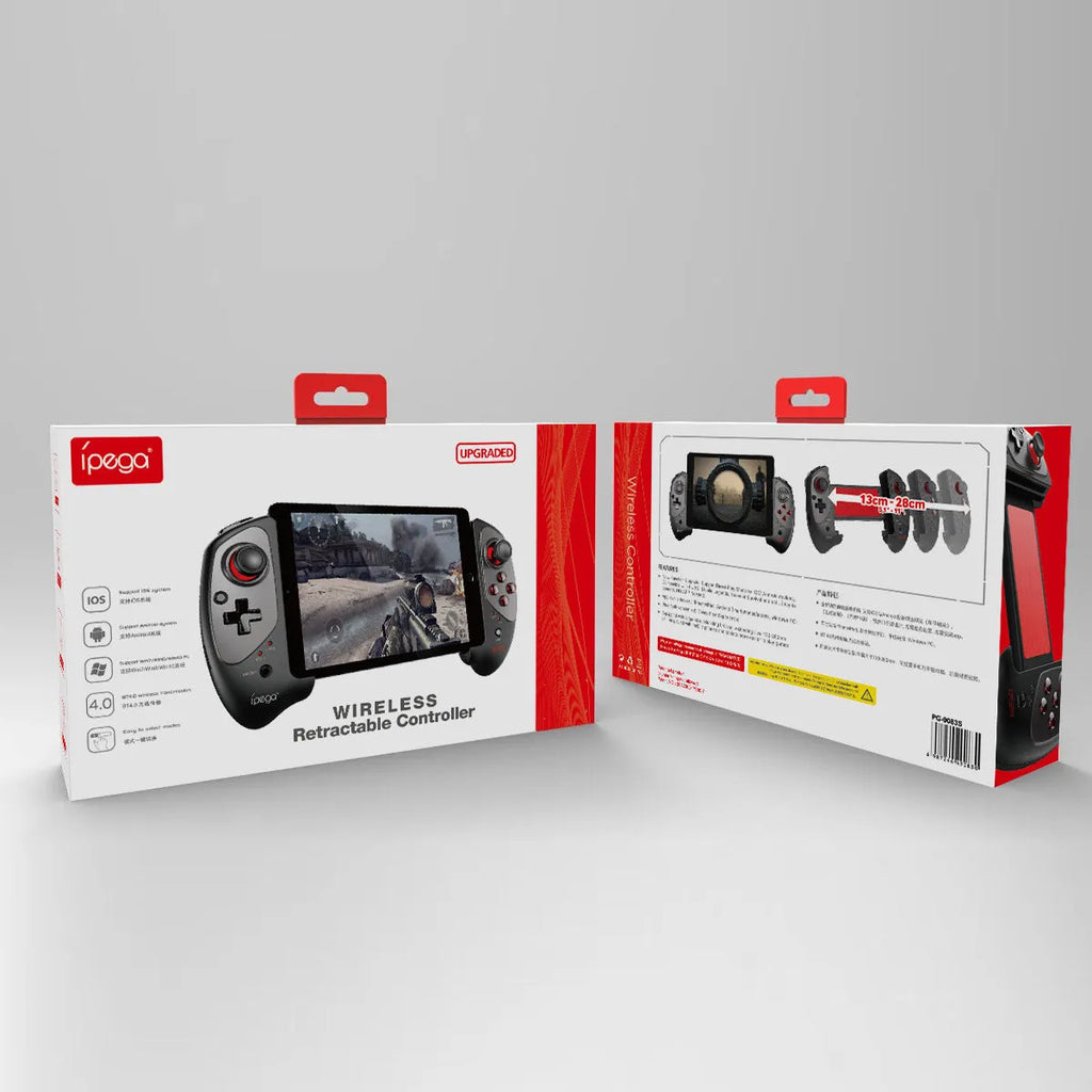 Red telescopic gamepad with adjustable arms for mobile phones and USB/Bluetooth connectivity