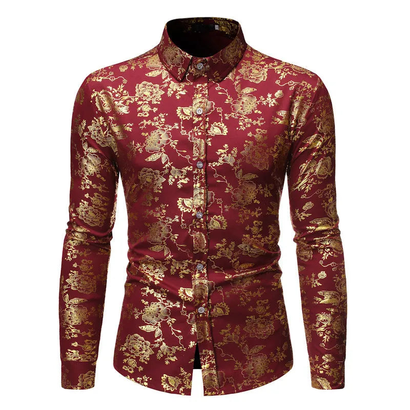 Man wearing a casual long-sleeve lapel shirt with a metallic bronzing print design.