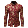 Man wearing a casual long-sleeve lapel shirt with a metallic bronzing print design.