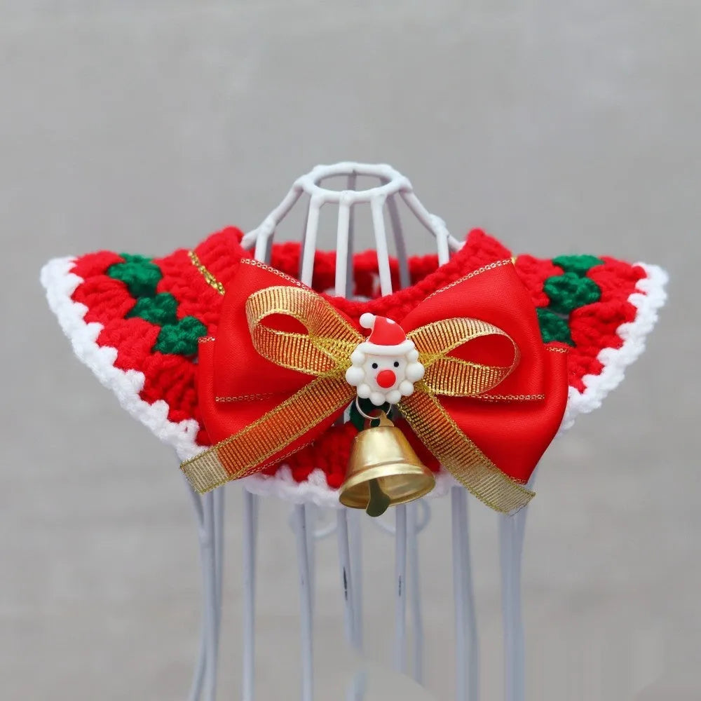 Knitted wool Christmas pet scarf collar in striped Santa Claus design on dog