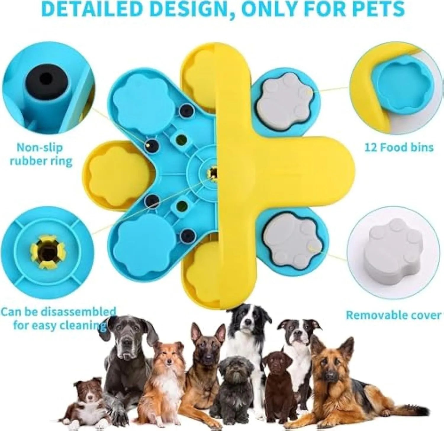 Yellow three-layer rotating dog puzzle slow feeder with claw-shaped lids on a non-slip base.