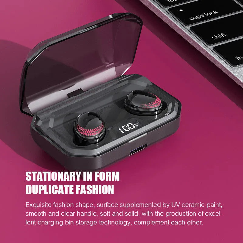 Black X10 wireless Bluetooth headset with charging case showing 150x100x40mm dimensions