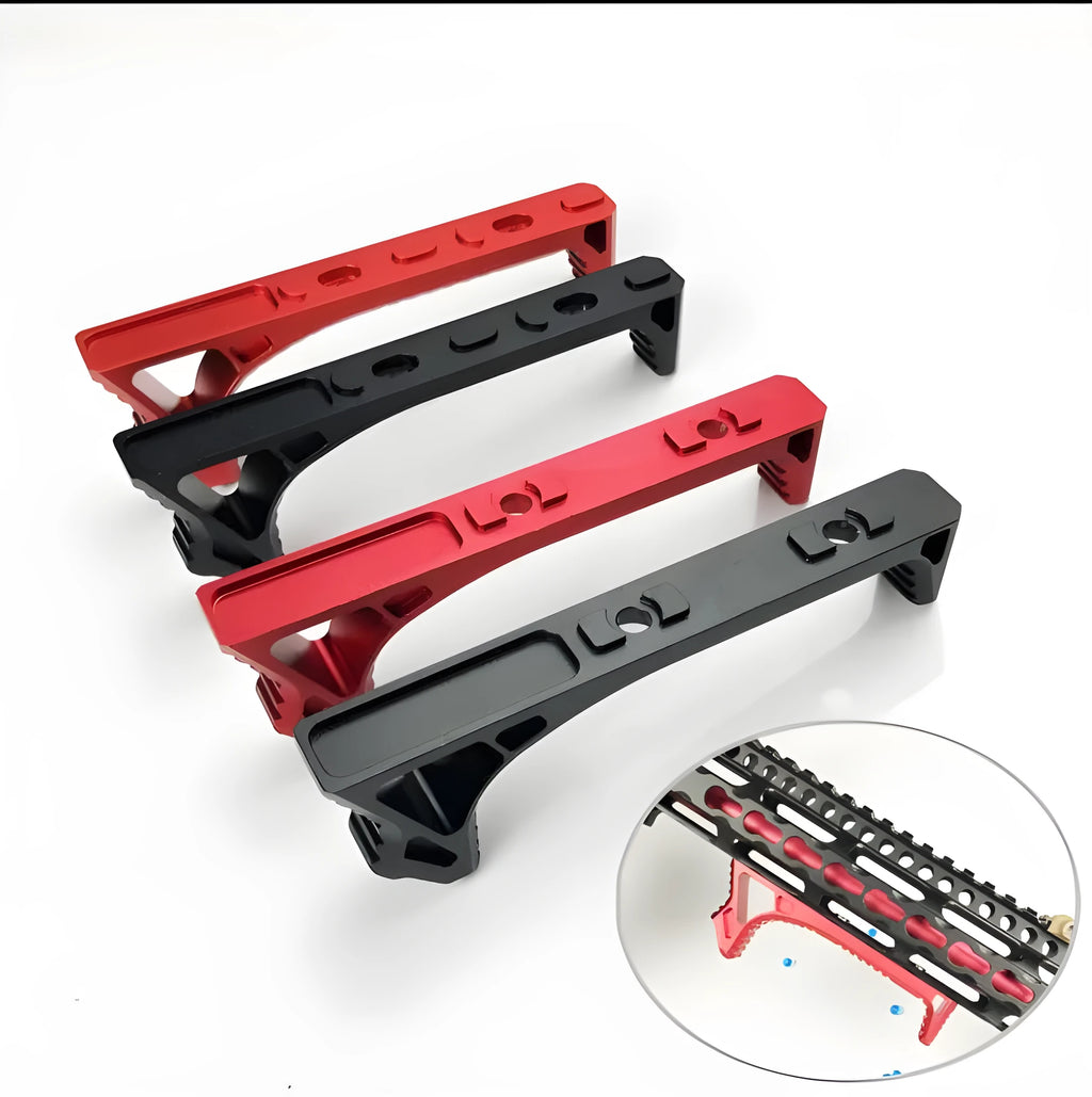 Metal hand stop accessory for keymod and m-lok rails in black and red colour options.