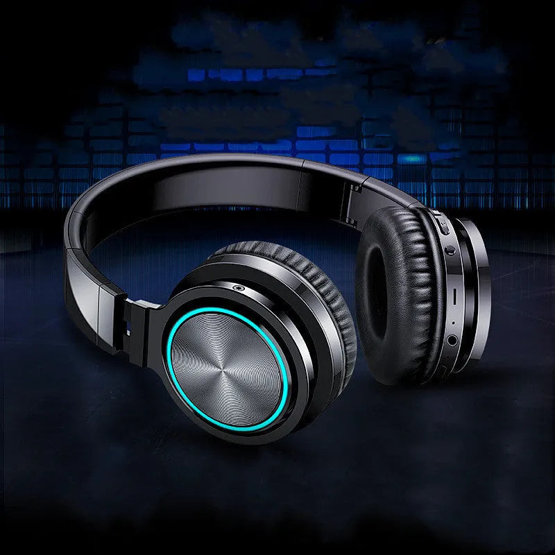 Black folding wireless headset with Bluetooth 5.0 showing compact folded position
