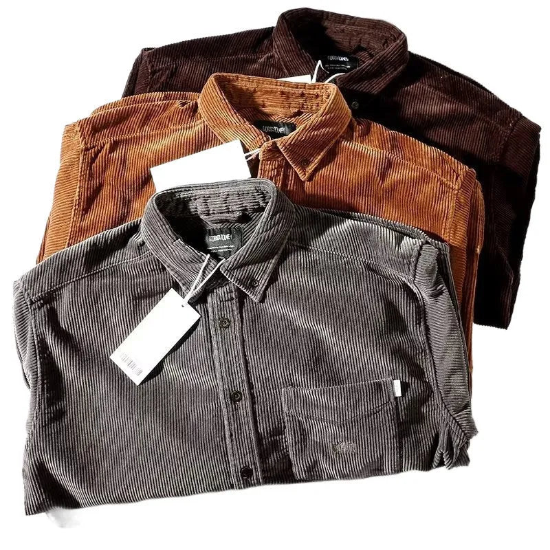 Loose fit caramel corduroy shirt with long sleeves in a Japanese Hong Kong cardigan style.