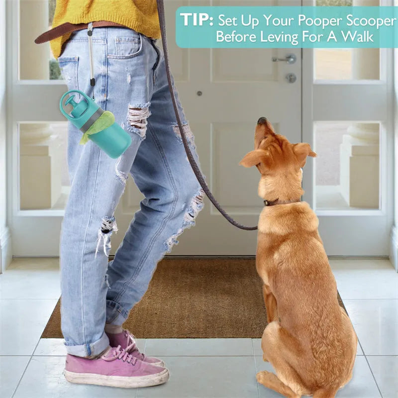 Blue plastic dog pooper scooper with claw mechanism and built-in bag dispenser