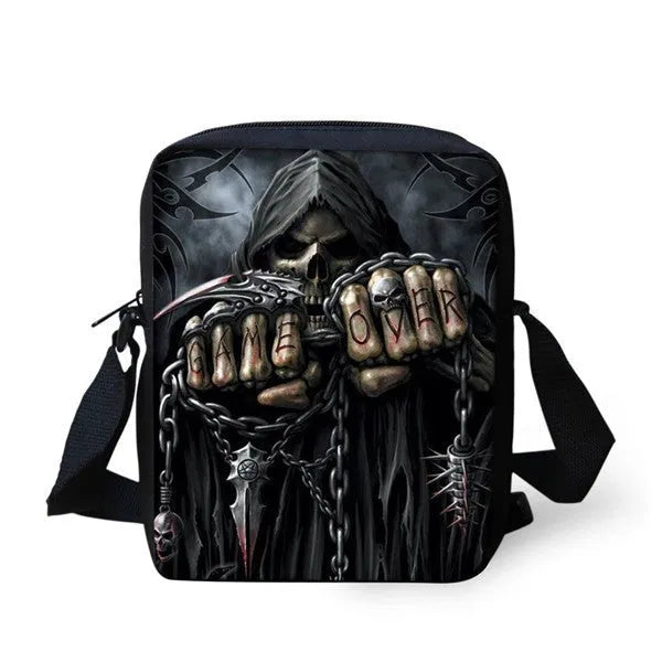 Children's skull pattern messenger bag with double straps and zipper pockets