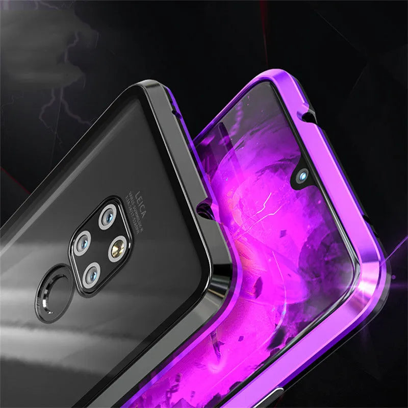 Black magnetic metal phone case with glass back for Huawei P30 Pro.