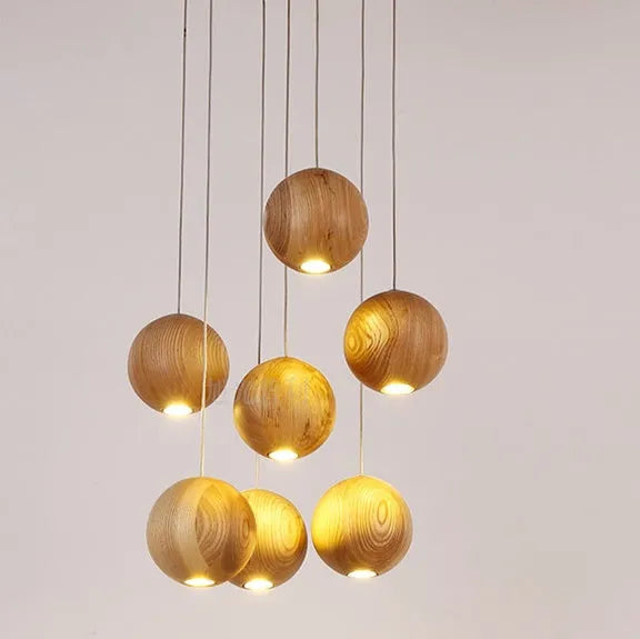 Nordic wood ball chandelier pendant light with adjustable cord and wooden mounting disc
