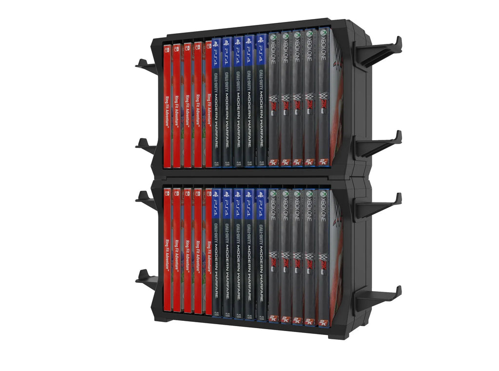 Black ABS plastic PS5 and Xbox Series X disc holder stand with slots for game cartridges and docks for four controllers.