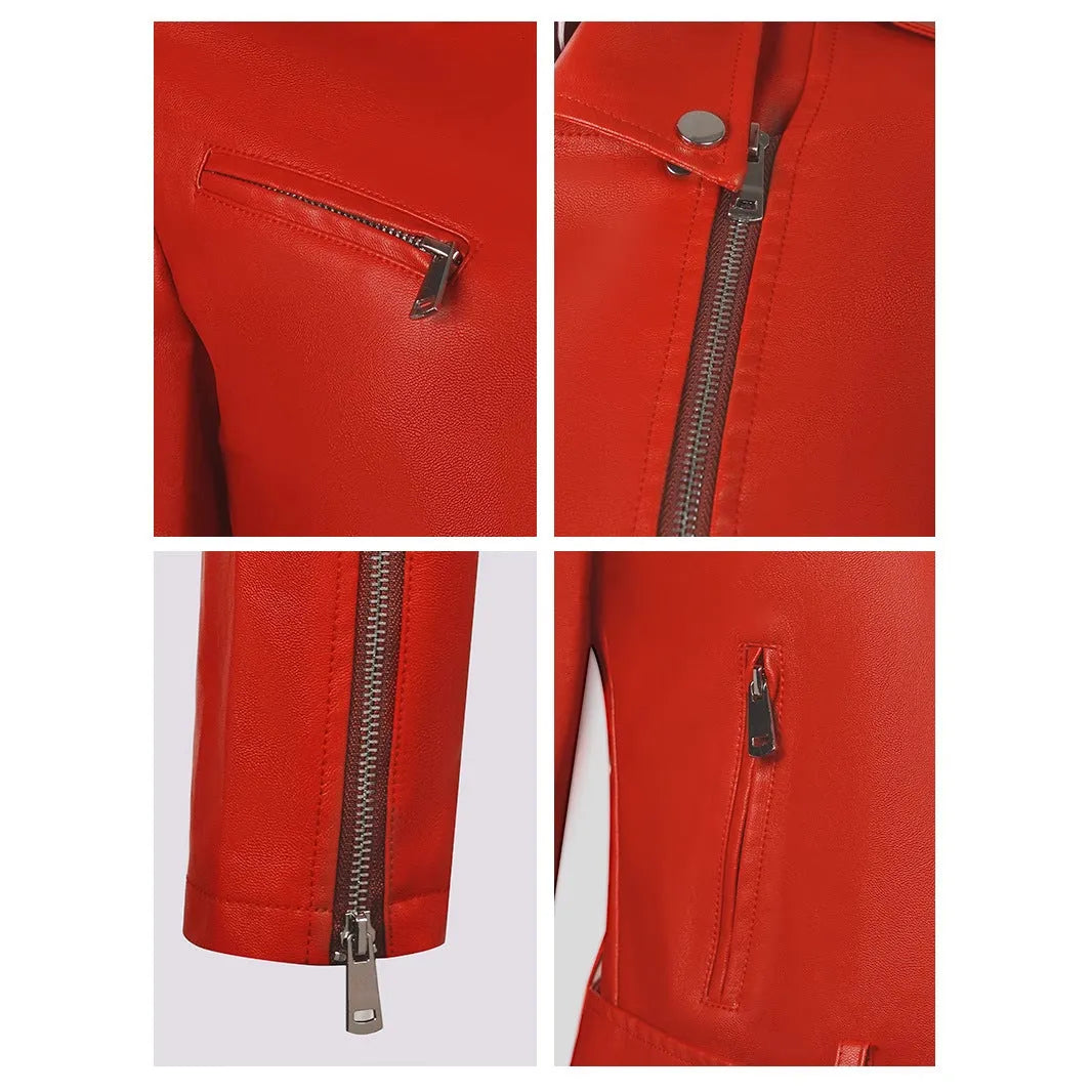 Women's black PU leather motorcycle-style jacket with a lapel collar and waist belt.