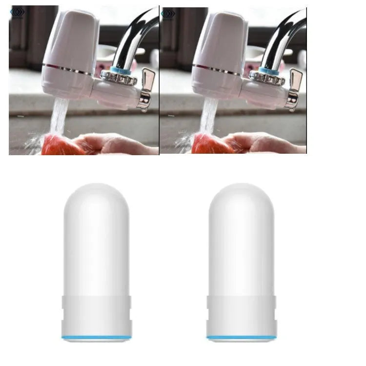 White plastic faucet water filter with switch lever and ceramic cartridge, shown with universal tap adapters.