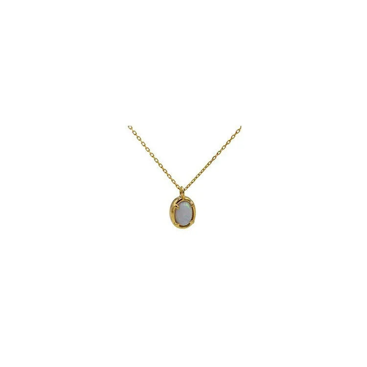 Oval geometric jelly opal pendant on a chain with 14K gold or white gold plating over S925 silver.