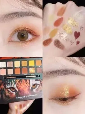 Explorer twelve-colour animal eye shadow palette showing Golden Tiger, Wild Leopard, and Red Fox shades