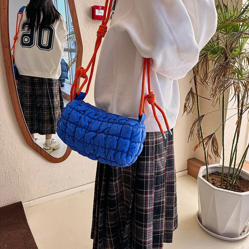 Women's lightweight nylon messenger bag in pillow shape with diamond pattern