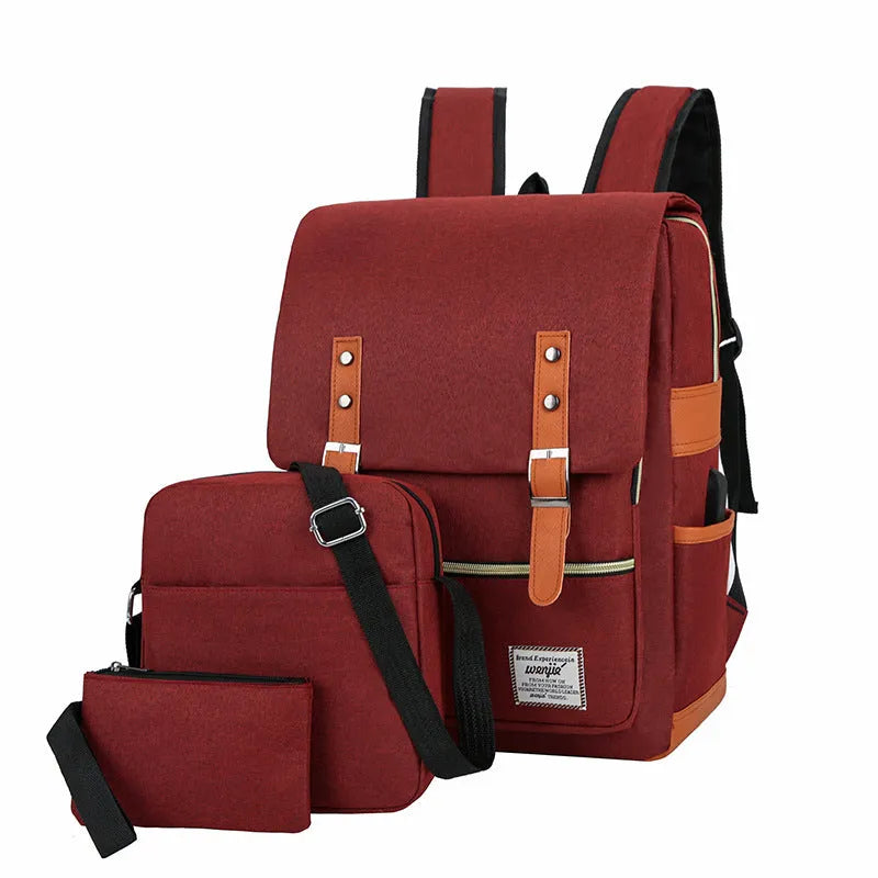 Three-piece backpack in Oxford cloth with curved shoulder straps and large computer compartment