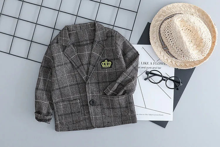 Boys' grey three-piece cotton suit with jacket, waistcoat, and trousers for toddlers