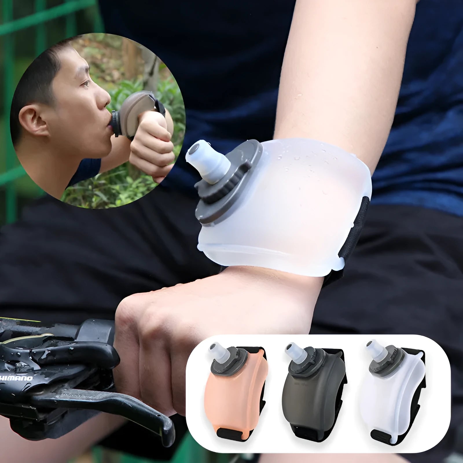 Orange wrist water bottle with Velcro strap shown secured around wrist during running activity