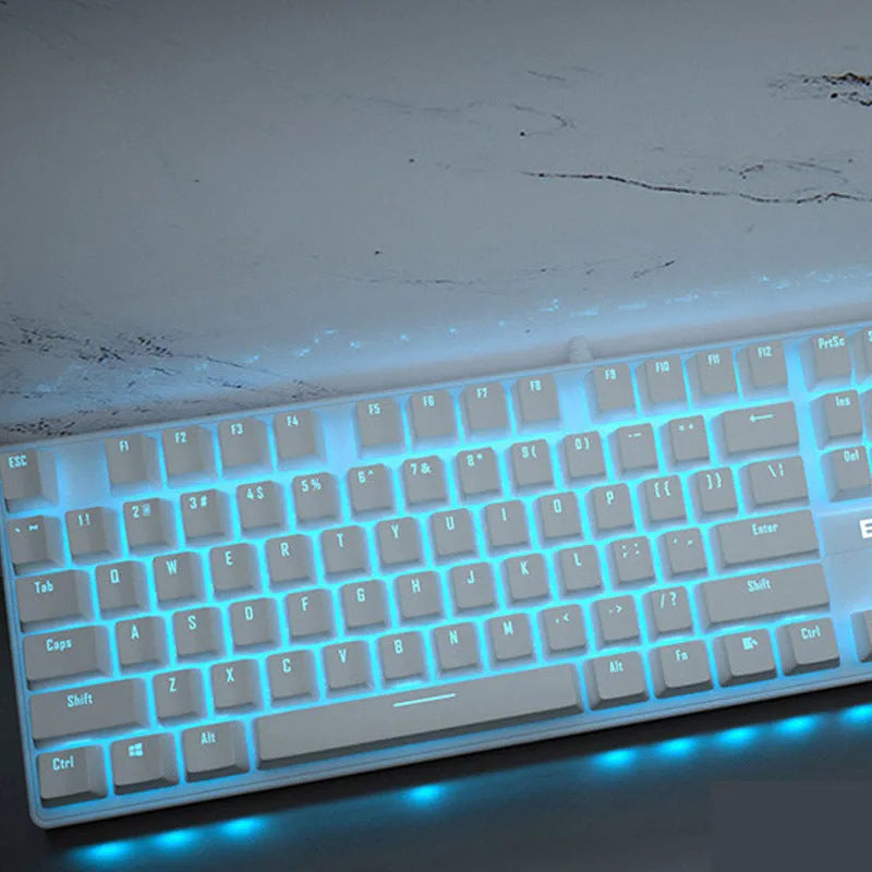 Pink mechanical keyboard with 104 keys showing USB cable and mechanical switch options