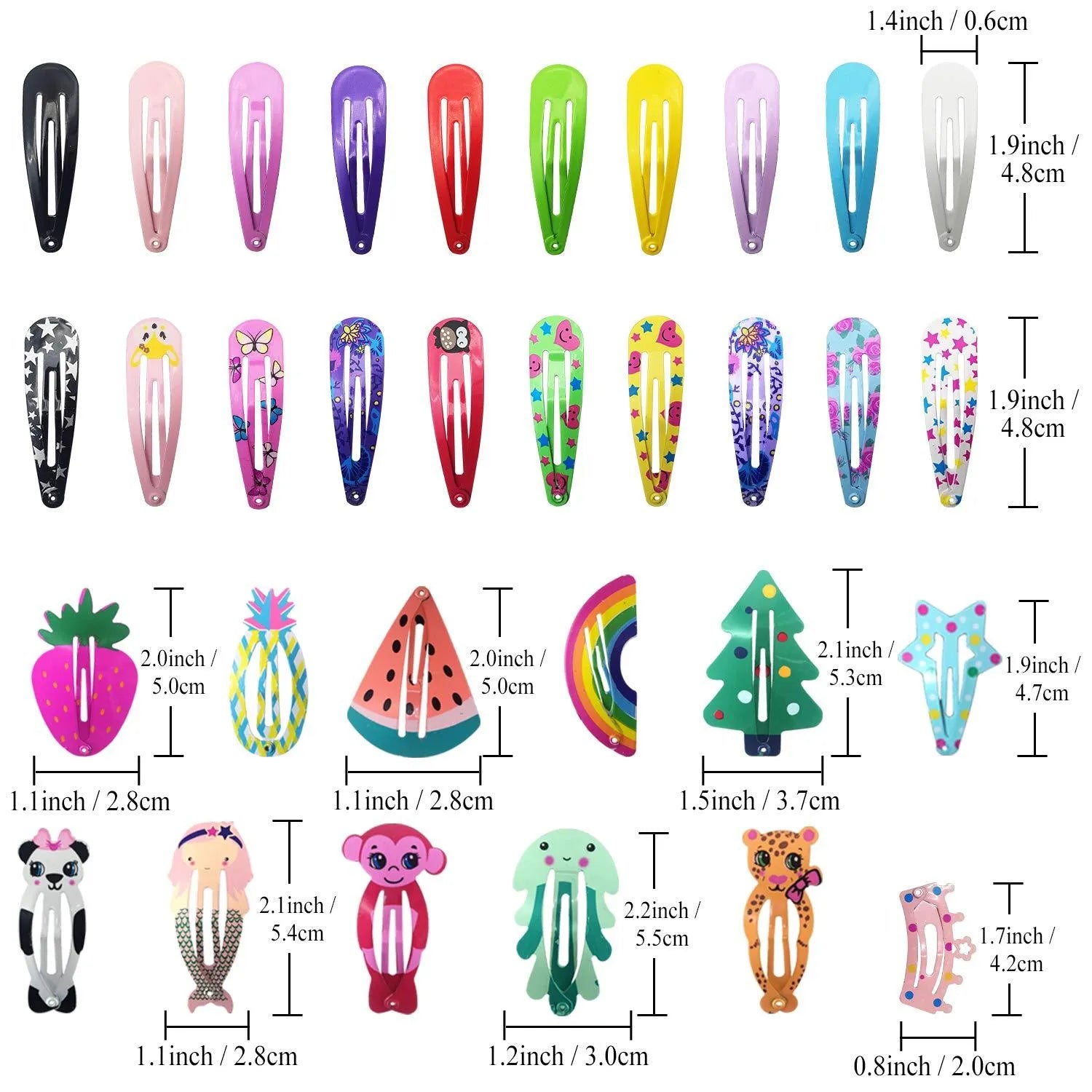100 piece metal hair clip set with candy colour cartoon designs including animals, fruits, crowns and stars