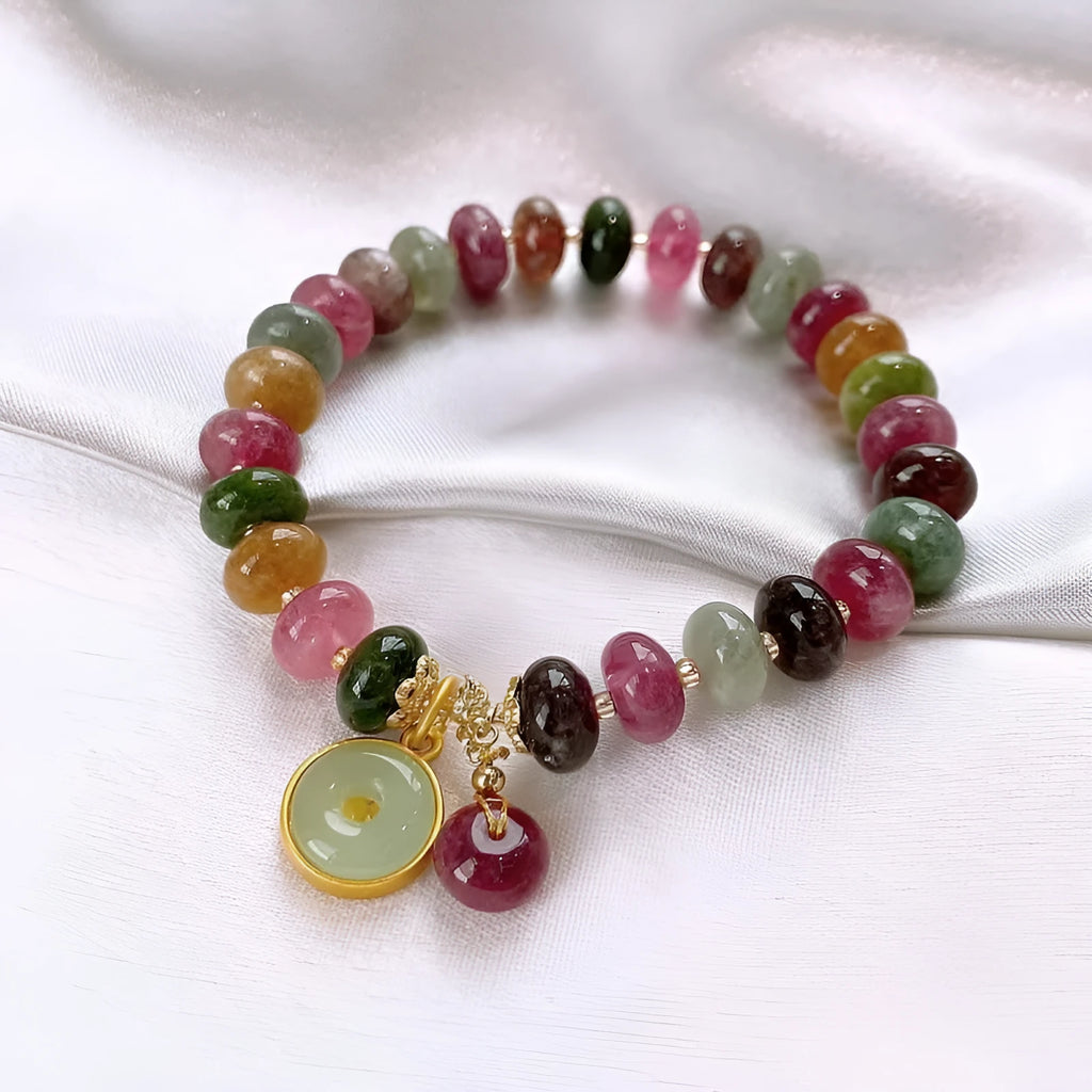 Handmade colourful tourmaline rabbit pendant abacus bracelet with natural stone beads