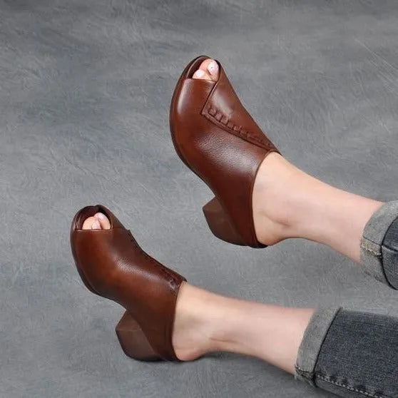 Women's black square heel peep-toe slitters with artificial PU upper and rubber sole