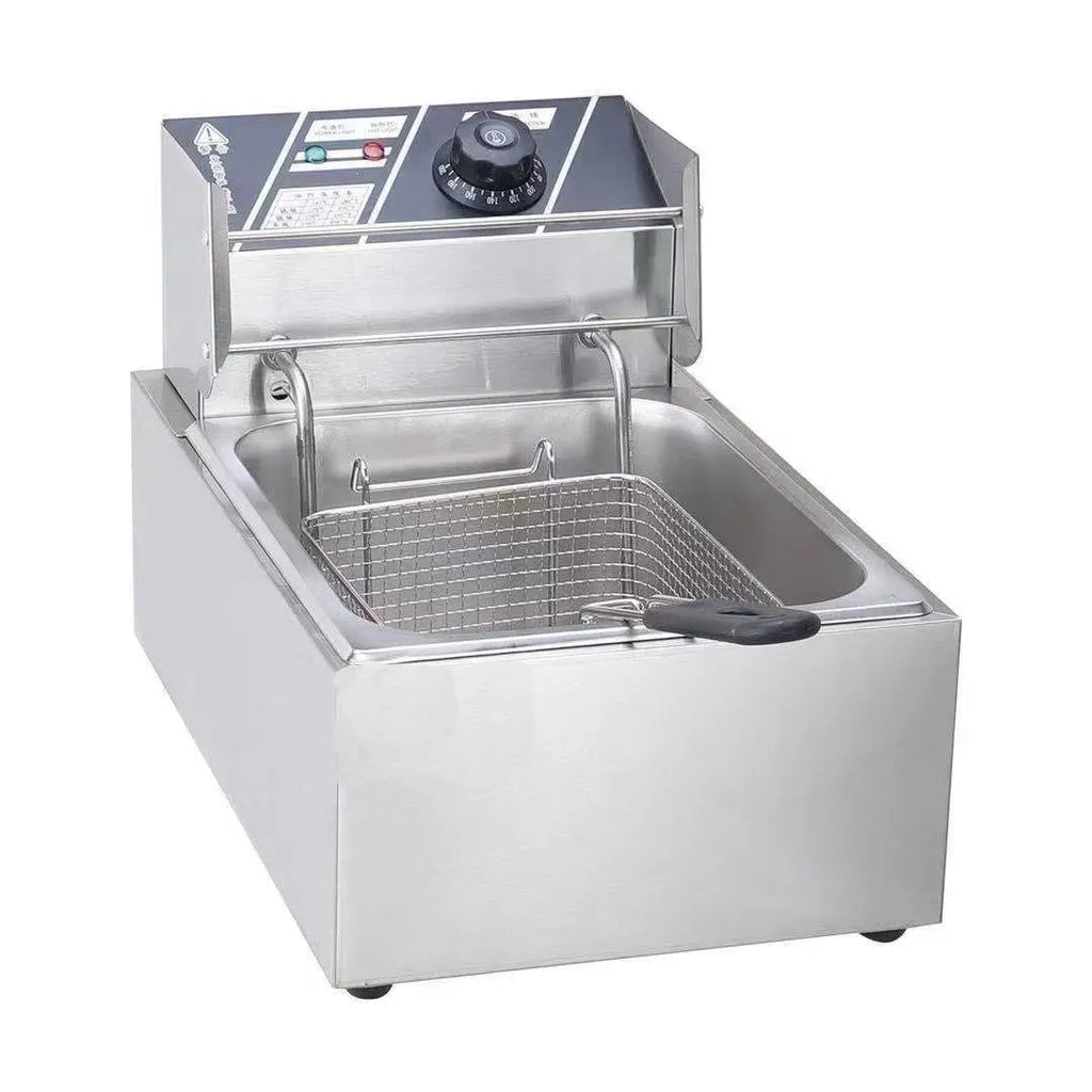 Commercial stainless steel deep fryer with large oil tank, temperature control dial, two frying baskets, and lid