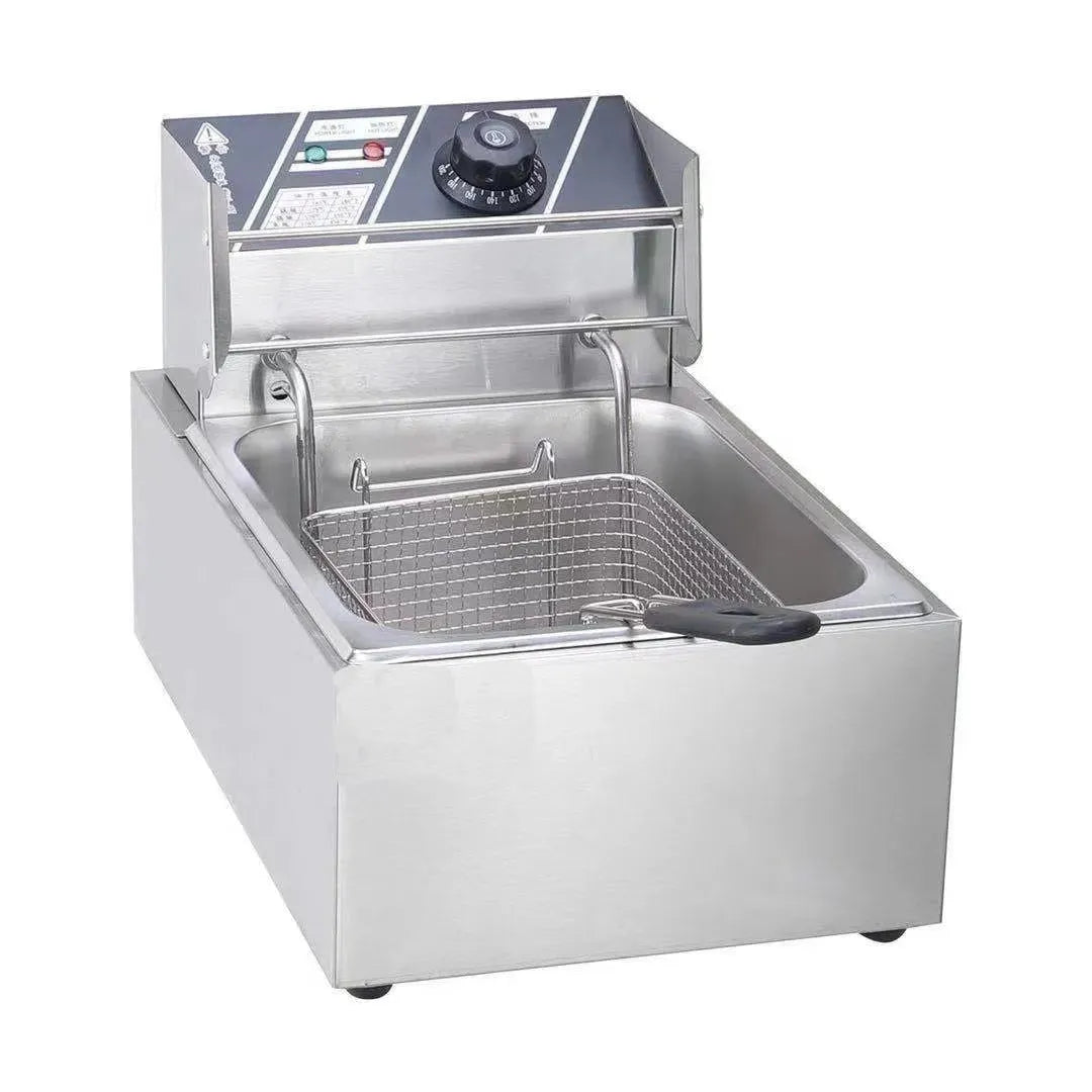 Commercial stainless steel deep fryer with large oil tank, temperature control dial, two frying baskets, and lid
