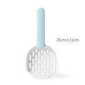 A blue plastic cat litter scoop with sifting holes on a white background.