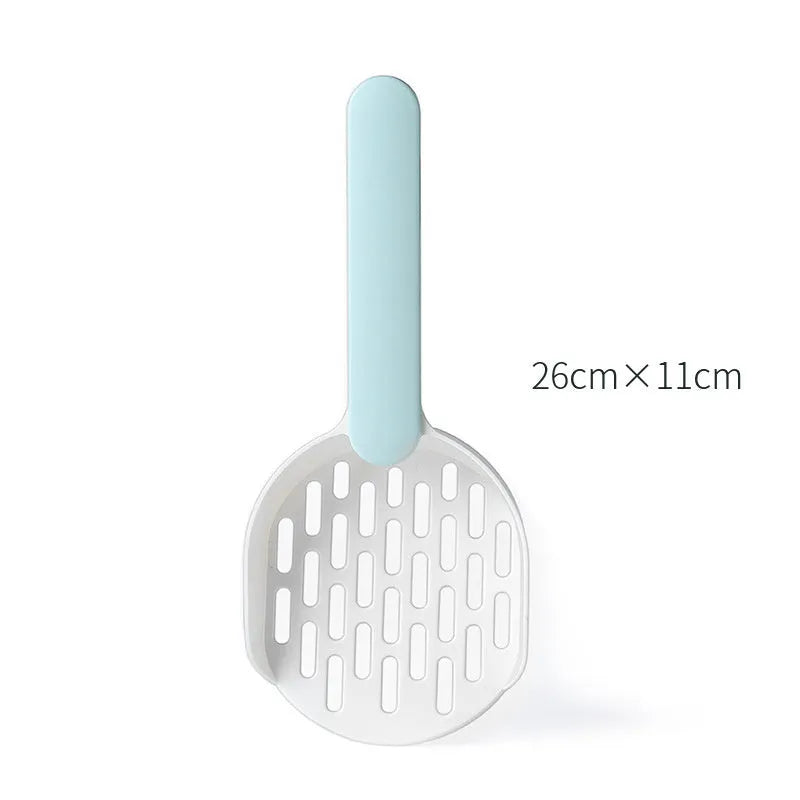 A blue plastic cat litter scoop with sifting holes on a white background.
