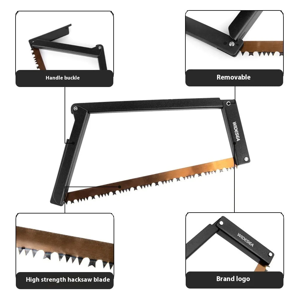 Black foldable outdoor survival saw with aluminium frame in open and closed positions.