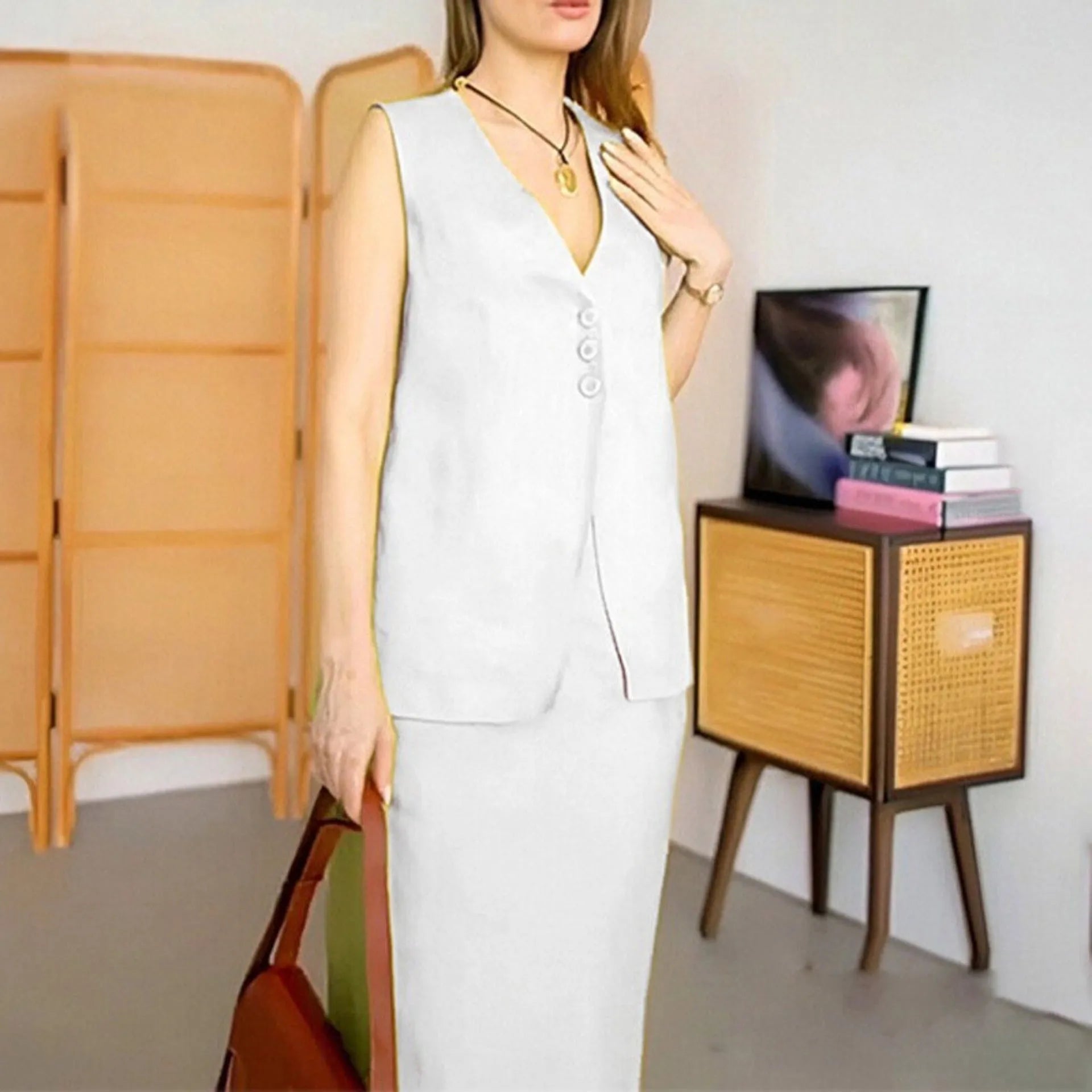 Women's white polyester two-piece set with sleeveless vest and long skirt on a hanger
